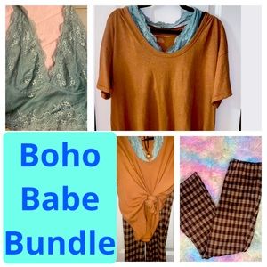 BOHO BABE BUNDLE - American Eagle Tee, Flare Stretch Pants, Lace Halter Bralette